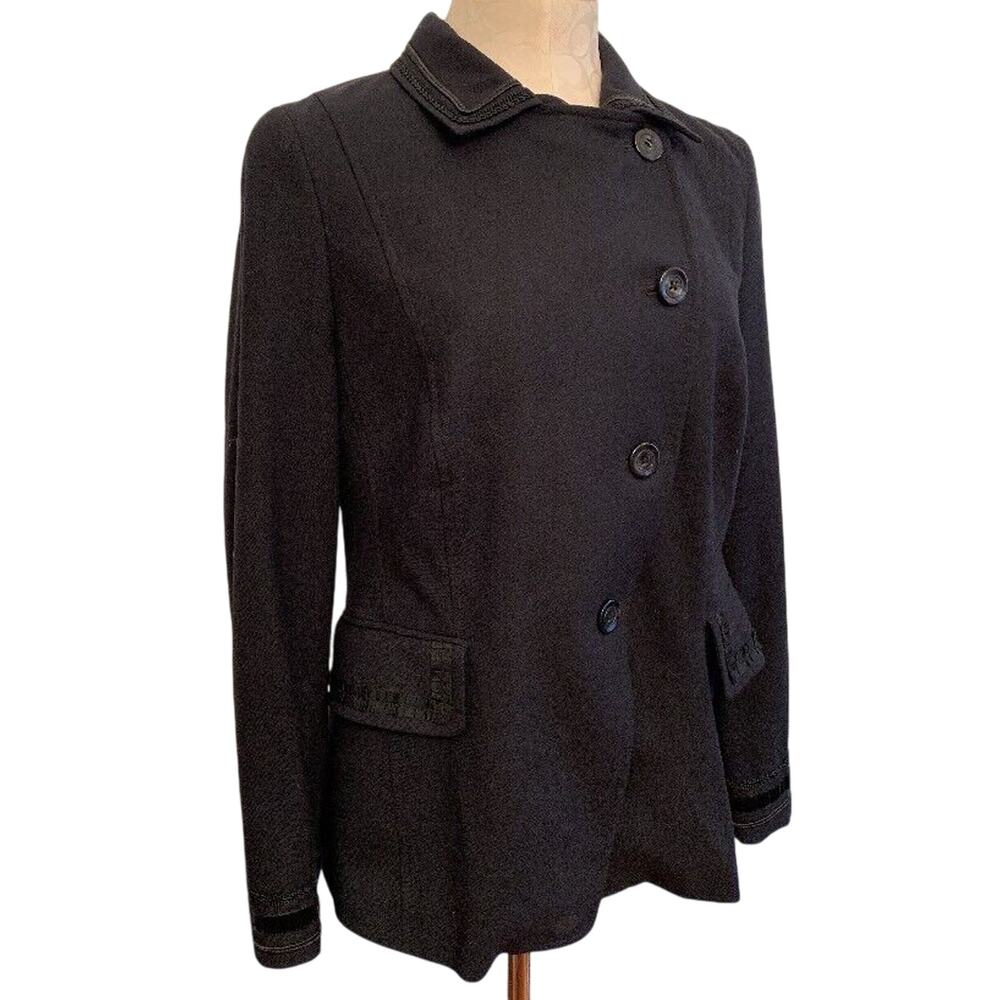 Size 44 (12) Feraud Black Womens Blazer Jacket Braided Trim Vintage Wool Blend